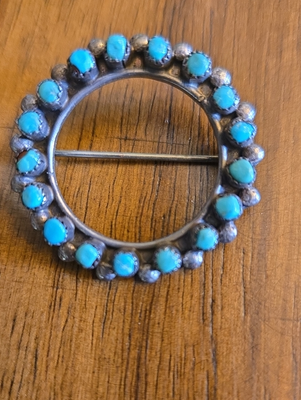 Zuni Sterling Silver Turquoise Circle Pin Brooch - Women Jewelry